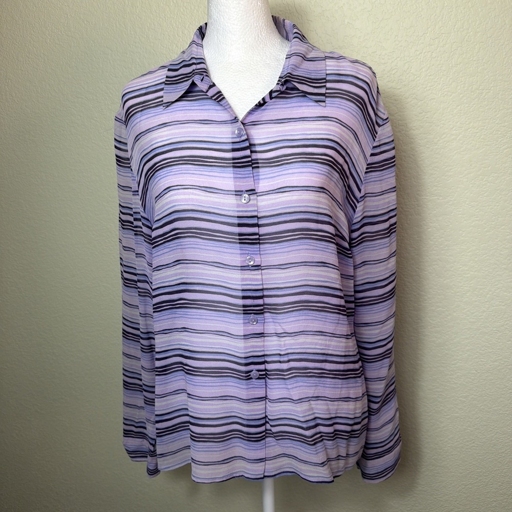 Ann Taylor Shirt 14 Women Silk Striped Purple Button Front Sheer Long Sleeve Top